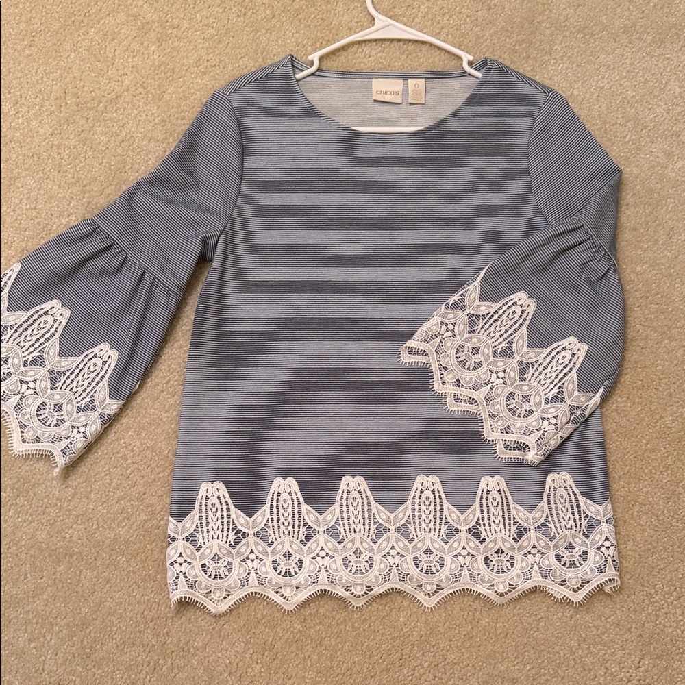Chico's Blue & White Striped Lace-Hem Bell Sleeve Tunic